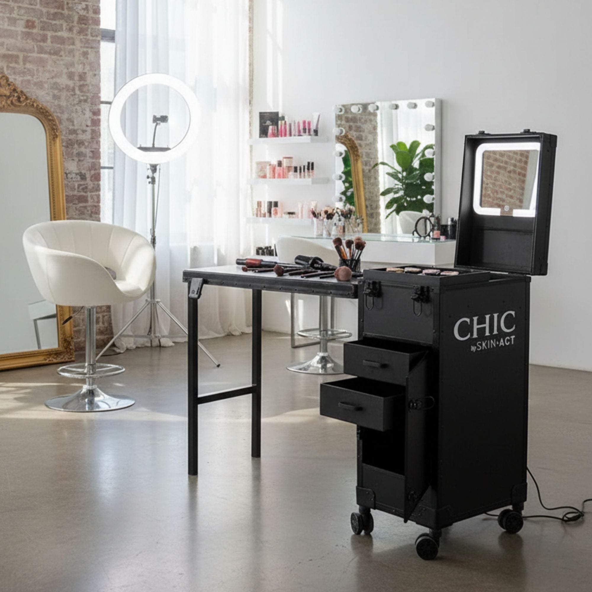 Foldable Rolling Manicure Table Case With LED Mirror, Chic By SkinAct