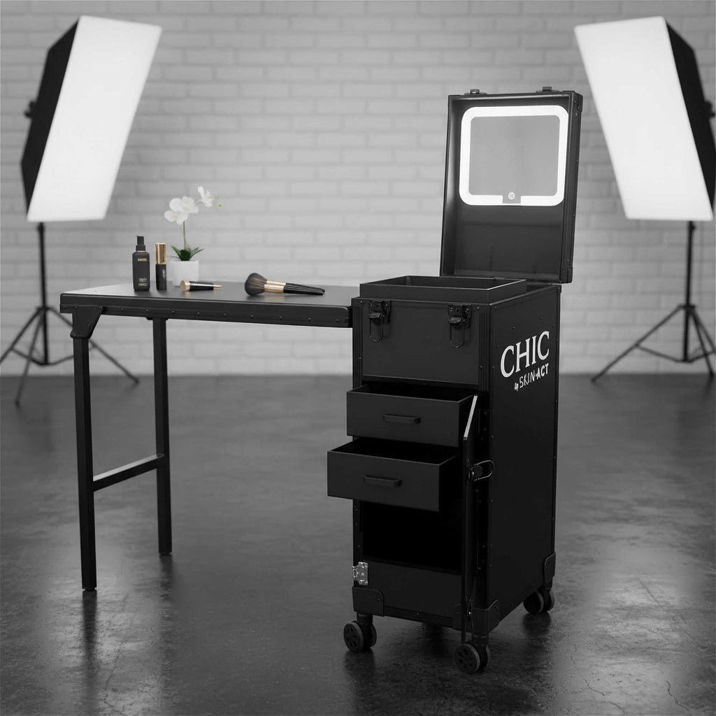 Foldable Rolling Manicure Table Case With LED Mirror, Chic By SkinAct